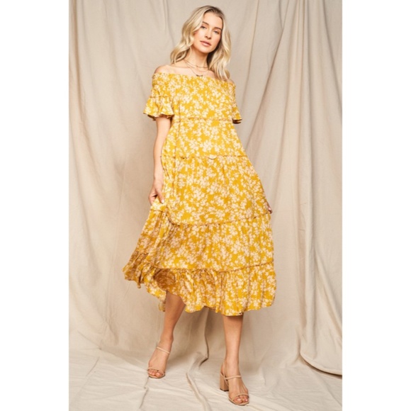 Moss Yellow Floral Flowly Bohemian Tiered Off The Shoulder Casual Maxi Dress - Picture 3 of 6